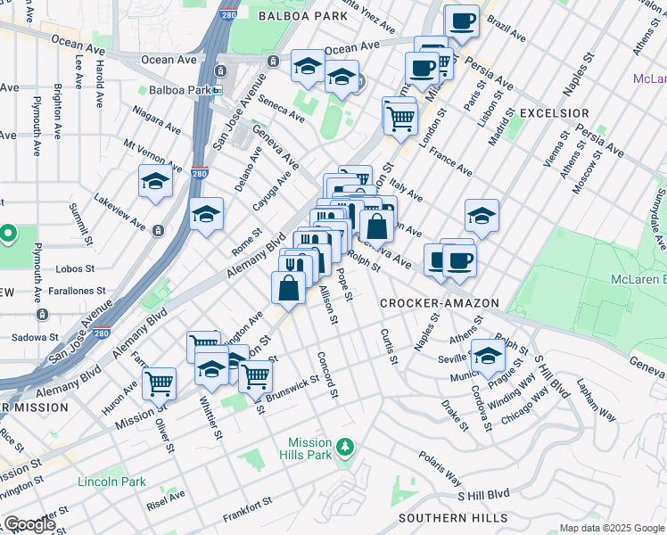 map of restaurants, bars, coffee shops, grocery stores, and more near 25 Allison Street in San Francisco