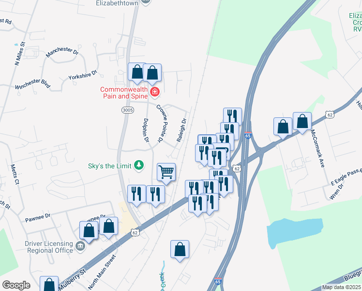 map of restaurants, bars, coffee shops, grocery stores, and more near Raleigh Way in Elizabethtown