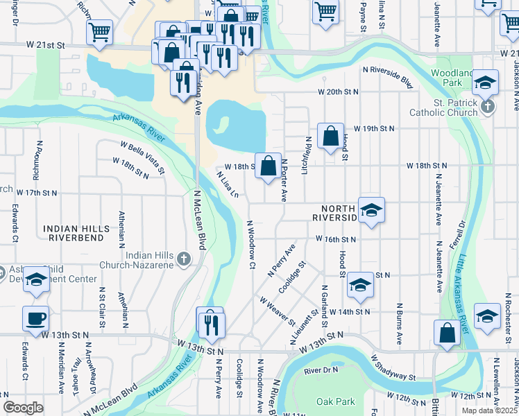 map of restaurants, bars, coffee shops, grocery stores, and more near 1628 West Julianne Circle in Wichita