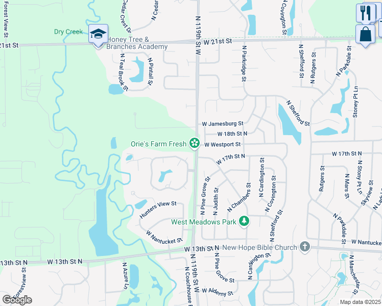 map of restaurants, bars, coffee shops, grocery stores, and more near 12008 Ridgepoint Ct in Wichita