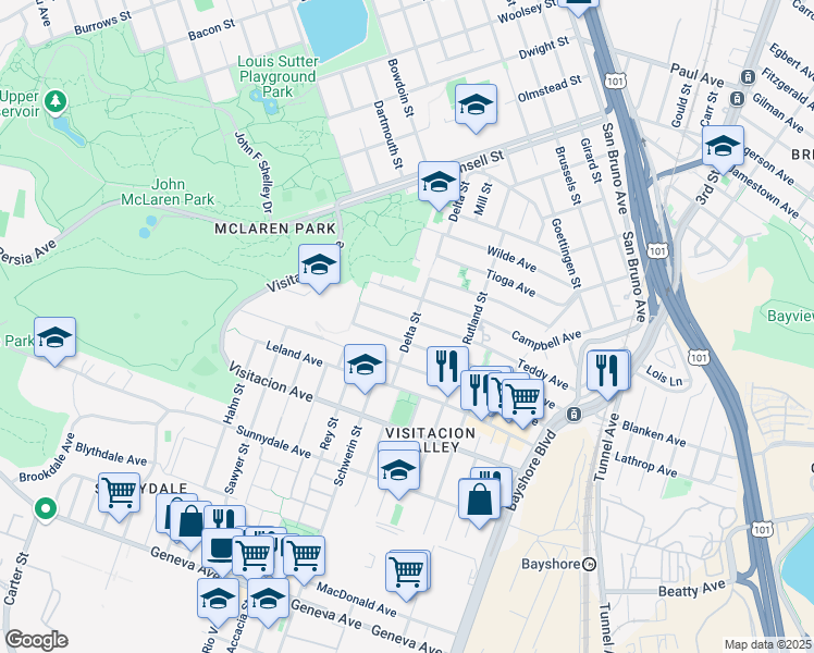 map of restaurants, bars, coffee shops, grocery stores, and more near 308 Arleta Avenue in San Francisco