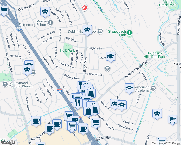 map of restaurants, bars, coffee shops, grocery stores, and more near 7448 Tamarack Drive in Dublin