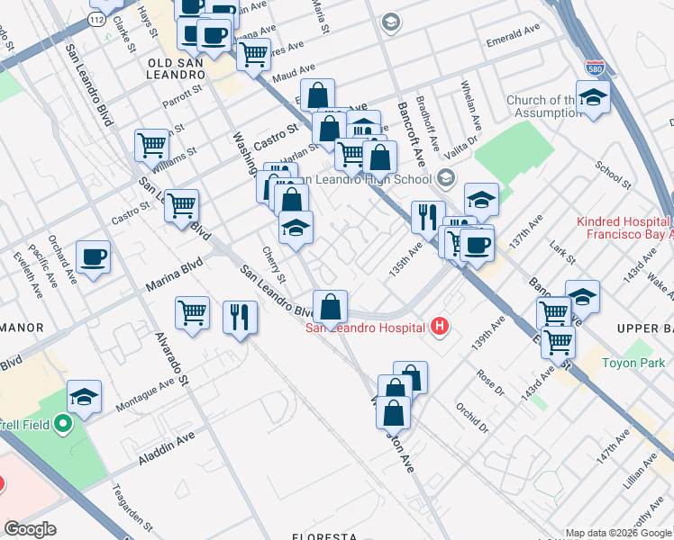 map of restaurants, bars, coffee shops, grocery stores, and more near 2476 Wimbledon Lane in San Leandro