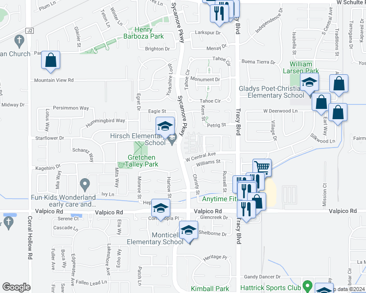 map of restaurants, bars, coffee shops, grocery stores, and more near 1183 Terry Lane in Tracy
