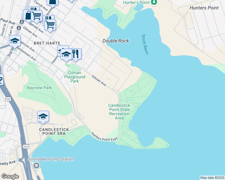 map of restaurants, bars, coffee shops, grocery stores, and more near 101 Donahue Street in San Francisco