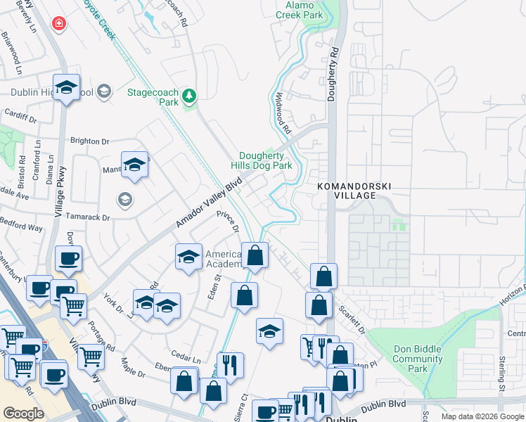 map of restaurants, bars, coffee shops, grocery stores, and more near 6933 Stagecoach Road in Dublin