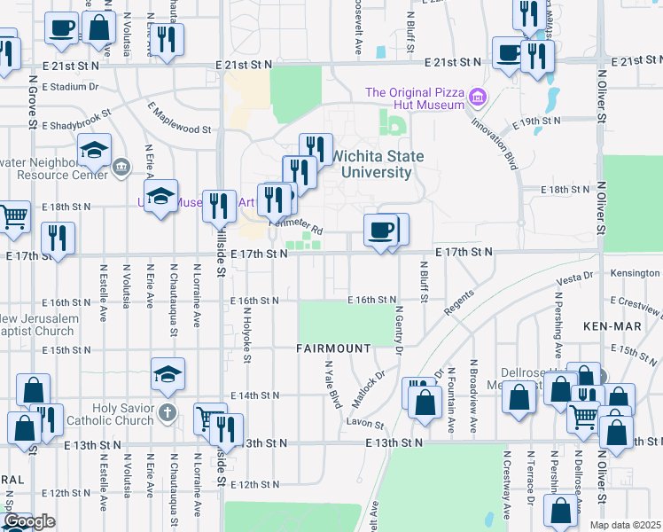 map of restaurants, bars, coffee shops, grocery stores, and more near 1744 North Yale Avenue in Wichita