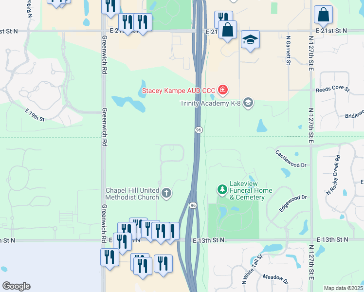 map of restaurants, bars, coffee shops, grocery stores, and more near 11716 East Summerfield Street in Wichita