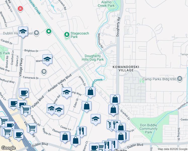 map of restaurants, bars, coffee shops, grocery stores, and more near 7020 Stagecoach Road in Dublin
