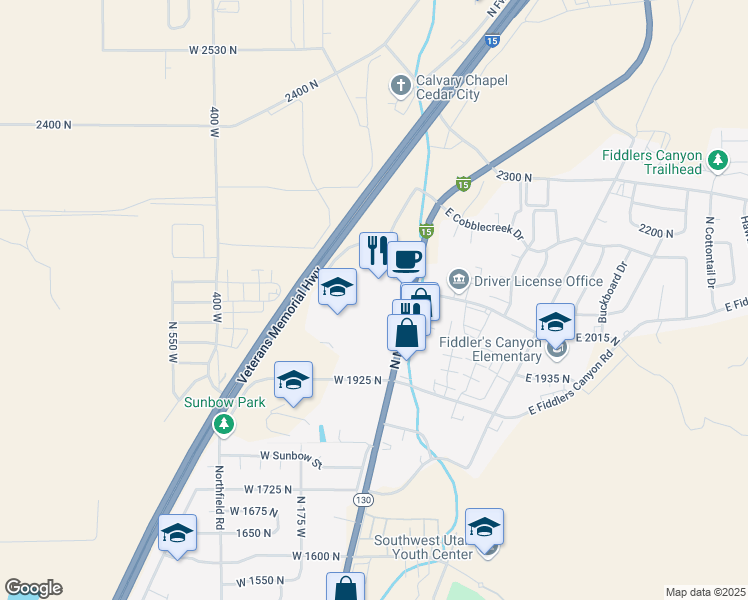 map of restaurants, bars, coffee shops, grocery stores, and more near 2045 N Main St in Cedar City