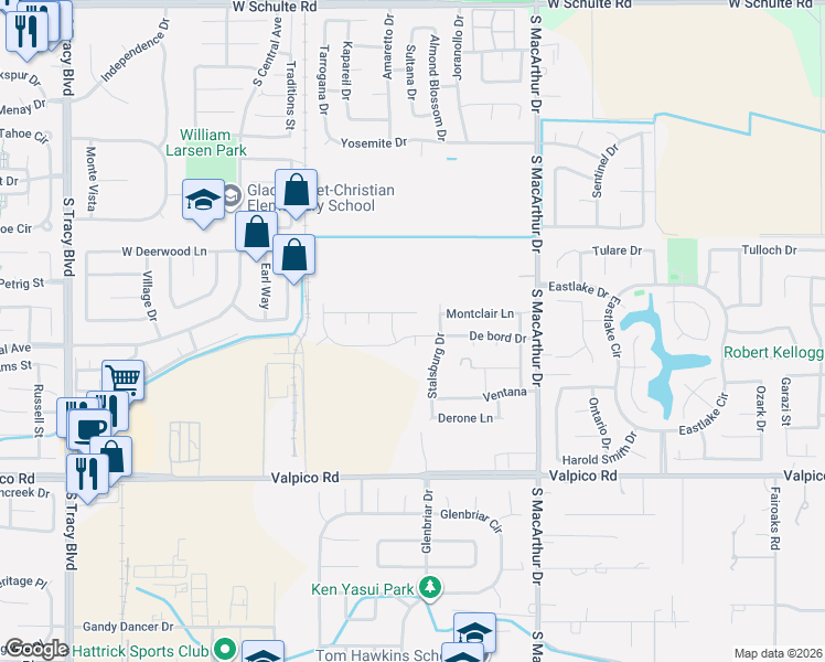 map of restaurants, bars, coffee shops, grocery stores, and more near 280 De bord Drive in Tracy