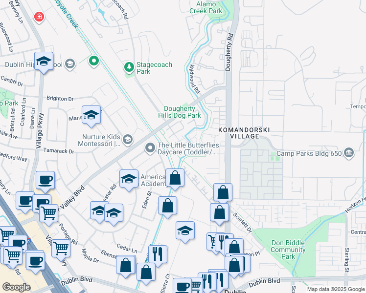 map of restaurants, bars, coffee shops, grocery stores, and more near 6933 Stagecoach Road in Dublin