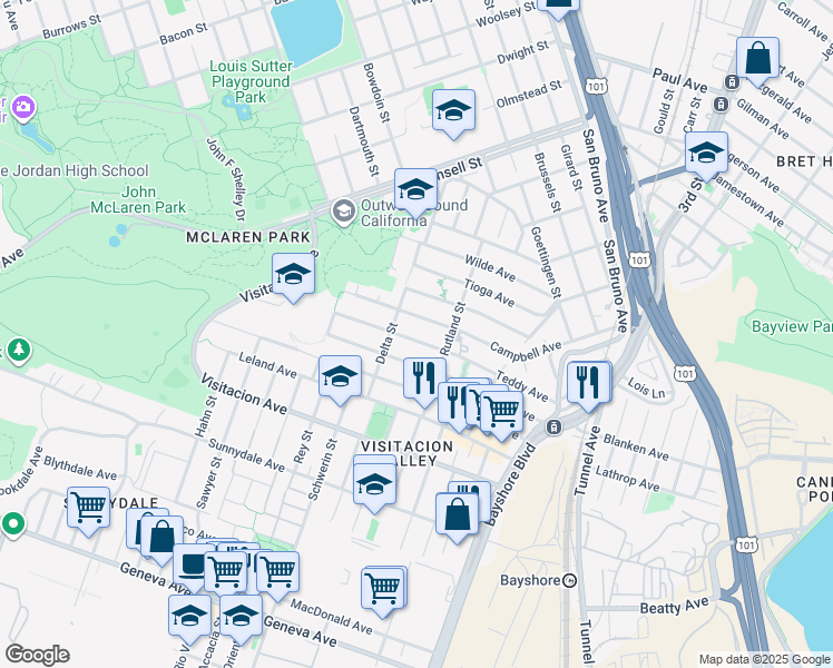 map of restaurants, bars, coffee shops, grocery stores, and more near 238 Arleta Avenue in San Francisco