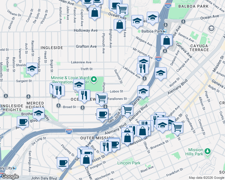 map of restaurants, bars, coffee shops, grocery stores, and more near 82 Farallones Street in San Francisco