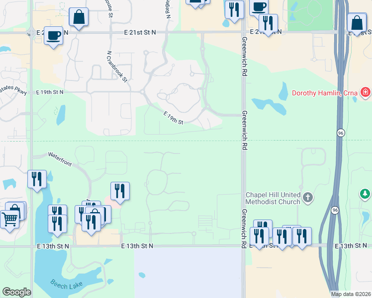 map of restaurants, bars, coffee shops, grocery stores, and more near North Veranda Drive in Wichita