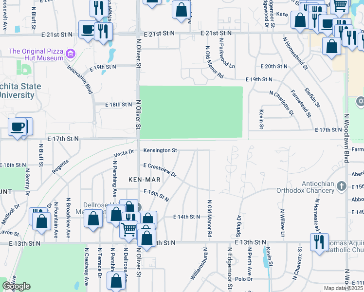 map of restaurants, bars, coffee shops, grocery stores, and more near 1756 Floberta Street in Wichita