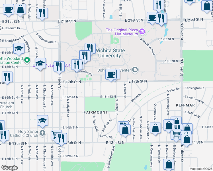 map of restaurants, bars, coffee shops, grocery stores, and more near 1725 North Roosevelt Street in Wichita