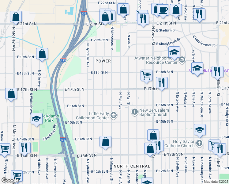map of restaurants, bars, coffee shops, grocery stores, and more near 1732 North Minnesota Street in Wichita