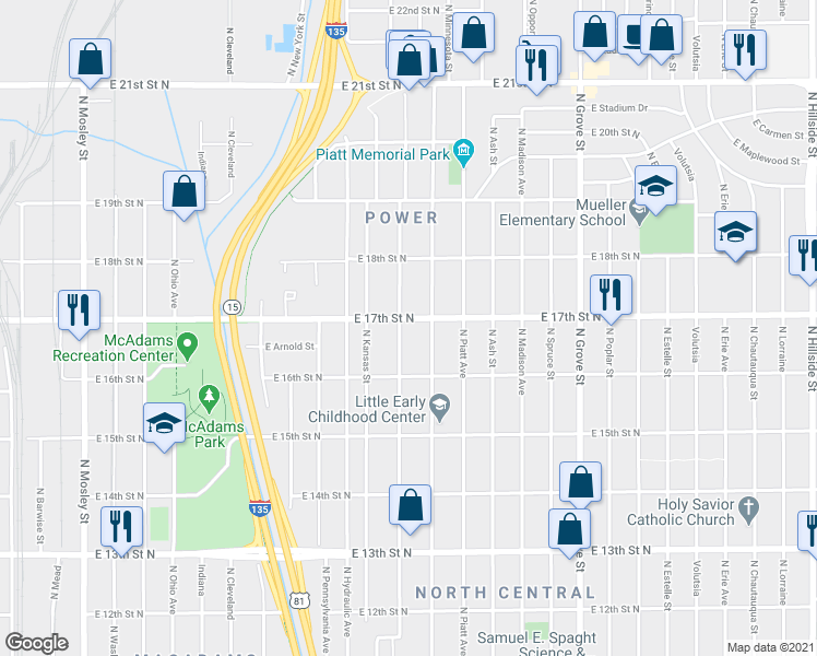 map of restaurants, bars, coffee shops, grocery stores, and more near 1735 North Minneapolis Street in Wichita
