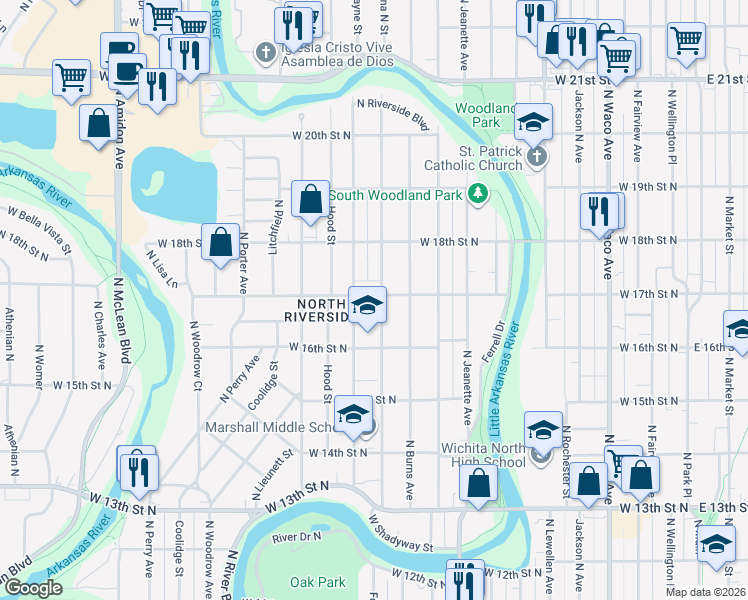 map of restaurants, bars, coffee shops, grocery stores, and more near 1732 North Salina Avenue in Wichita