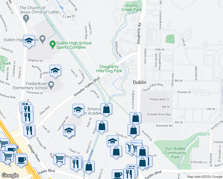 map of restaurants, bars, coffee shops, grocery stores, and more near 7016 Stagecoach Road in Dublin