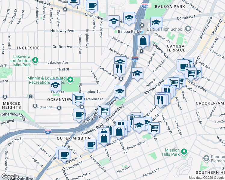 map of restaurants, bars, coffee shops, grocery stores, and more near 2656 San Jose Avenue in San Francisco