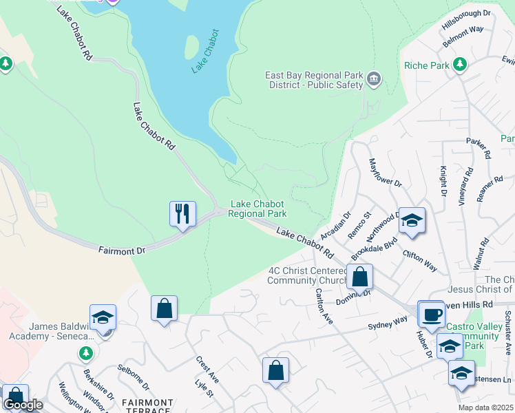 map of restaurants, bars, coffee shops, grocery stores, and more near 17600 Lake Chabot Road in Castro Valley