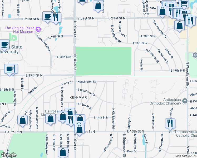 map of restaurants, bars, coffee shops, grocery stores, and more near 1756 Floberta Street in Wichita