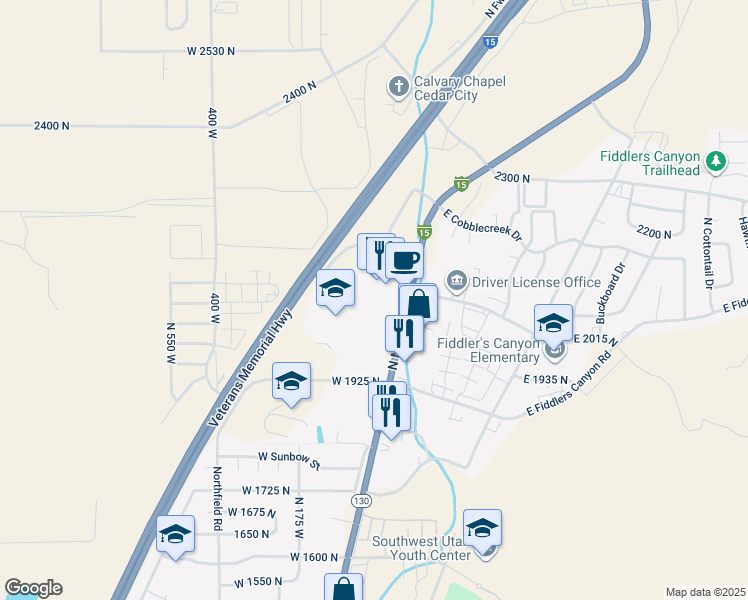 map of restaurants, bars, coffee shops, grocery stores, and more near 2045 N Main St in Cedar City