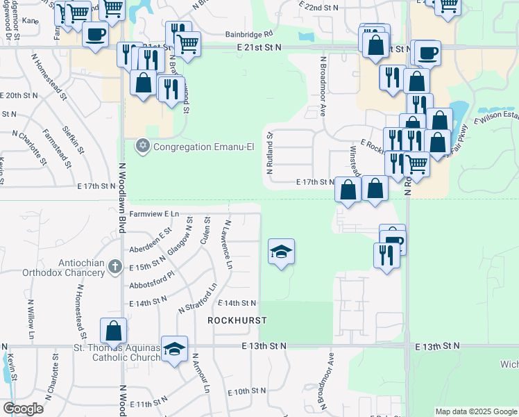 map of restaurants, bars, coffee shops, grocery stores, and more near 7044 Farmview East Lane in Wichita