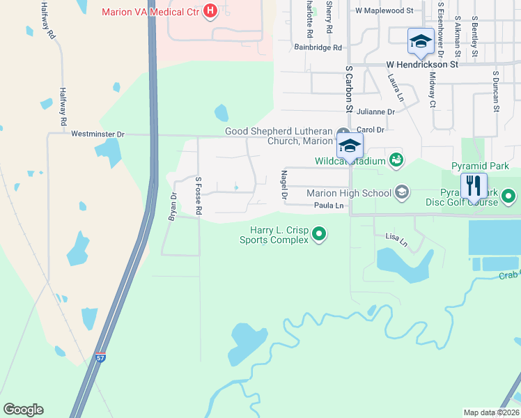 map of restaurants, bars, coffee shops, grocery stores, and more near 2103 Windsor Drive in Marion