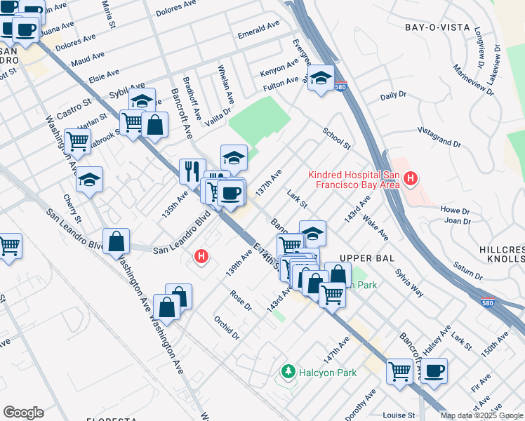 map of restaurants, bars, coffee shops, grocery stores, and more near Bancroft Avenue & 138th Avenue in San Leandro