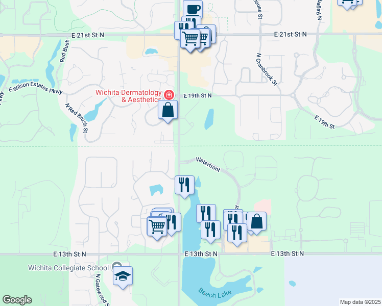 map of restaurants, bars, coffee shops, grocery stores, and more near 1720 North Webb Road in Wichita