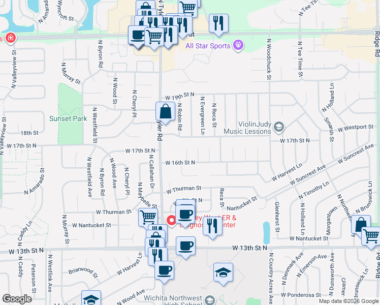 map of restaurants, bars, coffee shops, grocery stores, and more near 8550 West 16th Street North in Wichita