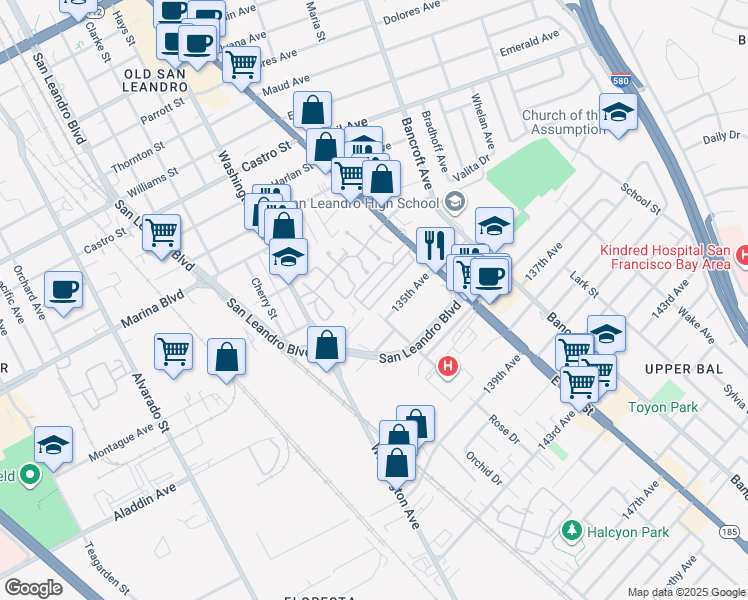 map of restaurants, bars, coffee shops, grocery stores, and more near 2399 East 14th Street in San Leandro