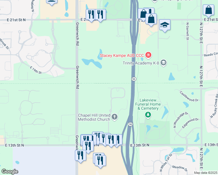 map of restaurants, bars, coffee shops, grocery stores, and more near 11604 Summerfield Street in Wichita