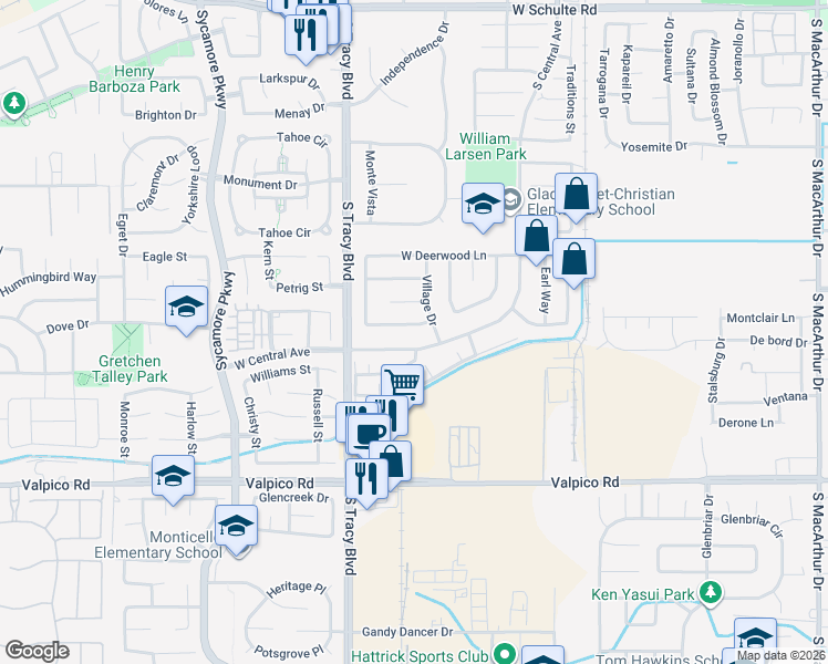 map of restaurants, bars, coffee shops, grocery stores, and more near 500 West Central Avenue in Tracy