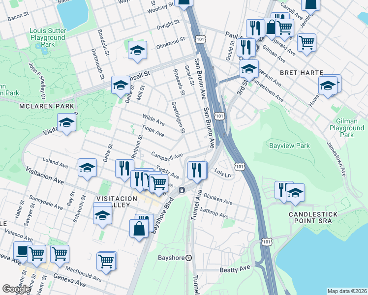 map of restaurants, bars, coffee shops, grocery stores, and more near 3901 San Bruno Avenue in San Francisco
