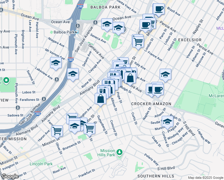 map of restaurants, bars, coffee shops, grocery stores, and more near 25 Allison Street in San Francisco