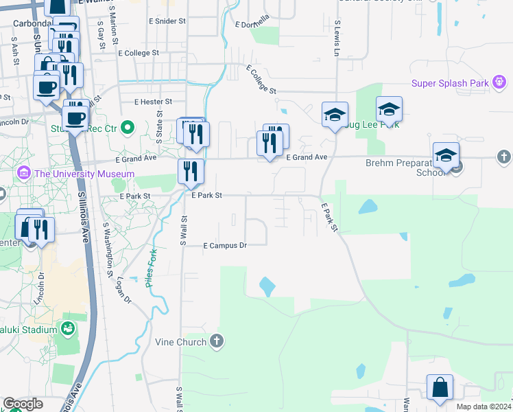 map of restaurants, bars, coffee shops, grocery stores, and more near 1199 S Glenbeth Dr in Carbondale
