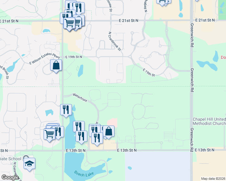 map of restaurants, bars, coffee shops, grocery stores, and more near 1631 North Red Oaks Street in Wichita