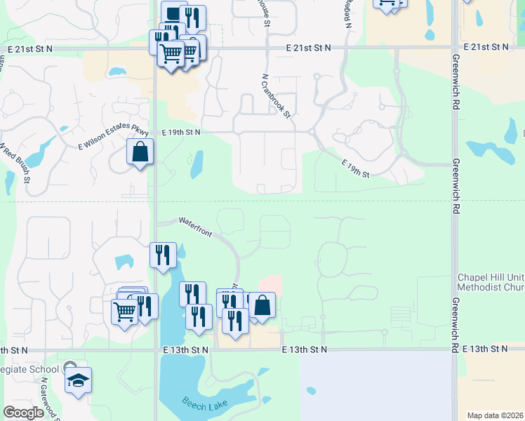 map of restaurants, bars, coffee shops, grocery stores, and more near 1631 North Red Oaks Street in Wichita