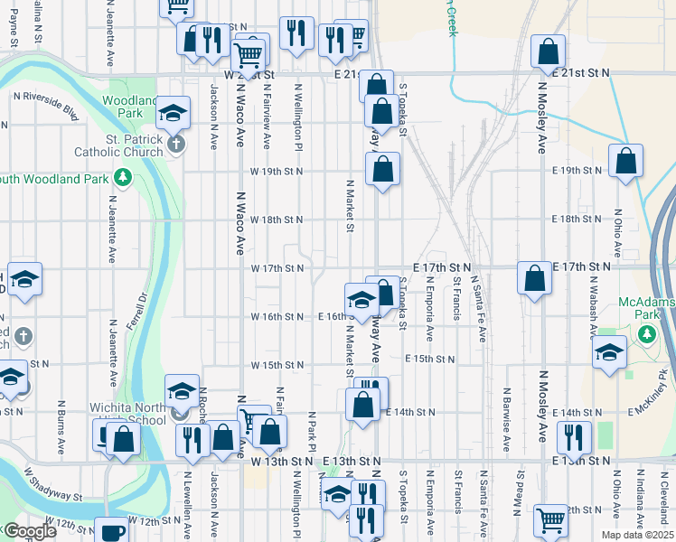 map of restaurants, bars, coffee shops, grocery stores, and more near 1724 North Park Place in Wichita