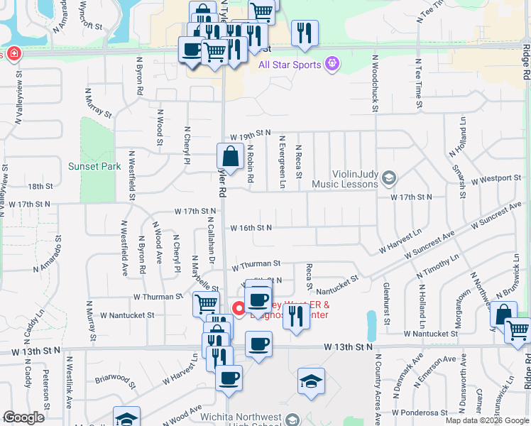 map of restaurants, bars, coffee shops, grocery stores, and more near 8550 West 16th Street North in Wichita