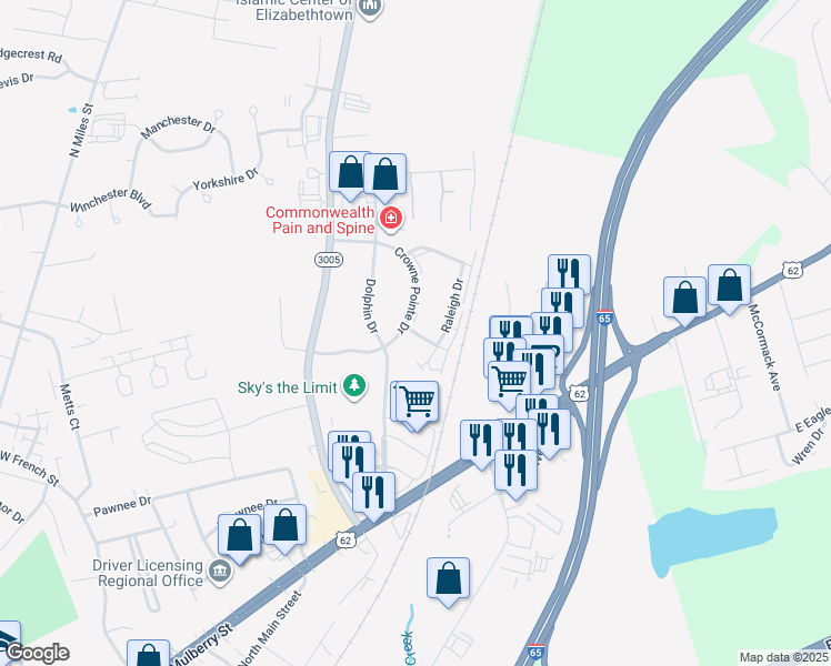 map of restaurants, bars, coffee shops, grocery stores, and more near Sterling Way in Elizabethtown