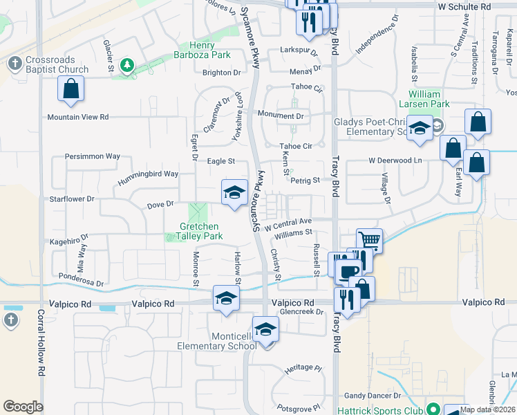 map of restaurants, bars, coffee shops, grocery stores, and more near 1174 Juan Jose Lane in Tracy