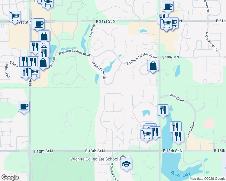 map of restaurants, bars, coffee shops, grocery stores, and more near 9001 Summerfield Street in Wichita