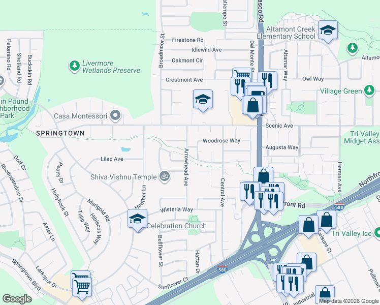 map of restaurants, bars, coffee shops, grocery stores, and more near 1471 Arrowhead Avenue in Livermore