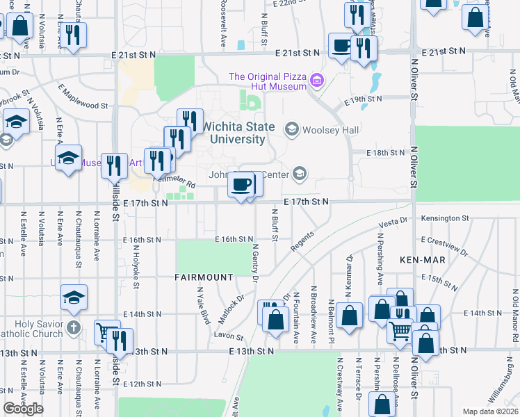 map of restaurants, bars, coffee shops, grocery stores, and more near 1760 North Gentry Drive in Wichita