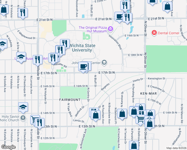map of restaurants, bars, coffee shops, grocery stores, and more near 1751 North Bluff Street in Wichita